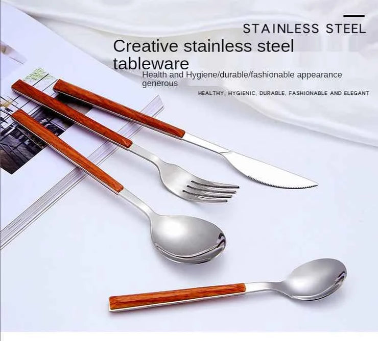 Kitchen Accessories Supplies 3pcs Reusable Wood Stainless Steel Cutlery Forks/spoons/cutlery 4 Kinds of