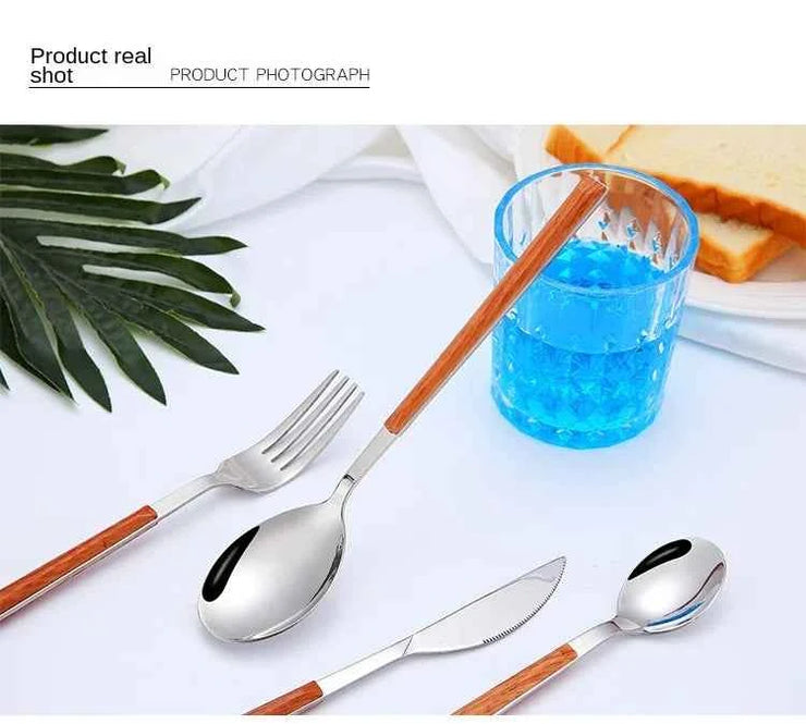 Kitchen Accessories Supplies 3pcs Reusable Wood Stainless Steel Cutlery Forks/spoons/cutlery 4 Kinds of