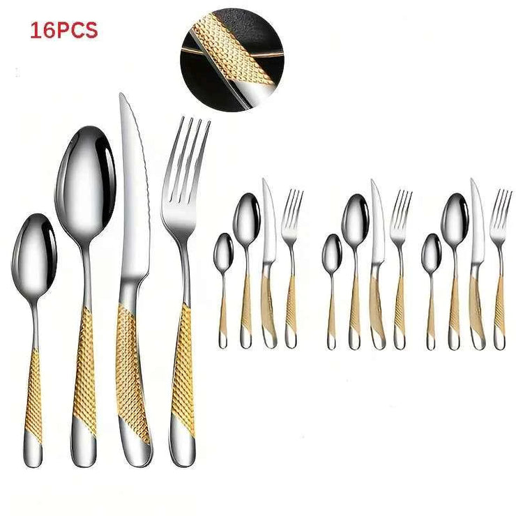 16pcs Kitchen Must Have Hammered Flatware,Golden Silvery Stainless Steel Flatware Set, Knives Forks Spoons Cutlery for Wedding
