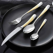16pcs Kitchen Must Have Hammered Flatware,Golden Silvery Stainless Steel Flatware Set, Knives Forks Spoons Cutlery for Wedding