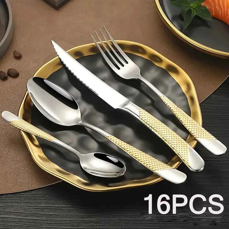 16pcs Kitchen Must Have Hammered Flatware,Golden Silvery Stainless Steel Flatware Set, Knives Forks Spoons Cutlery for Wedding