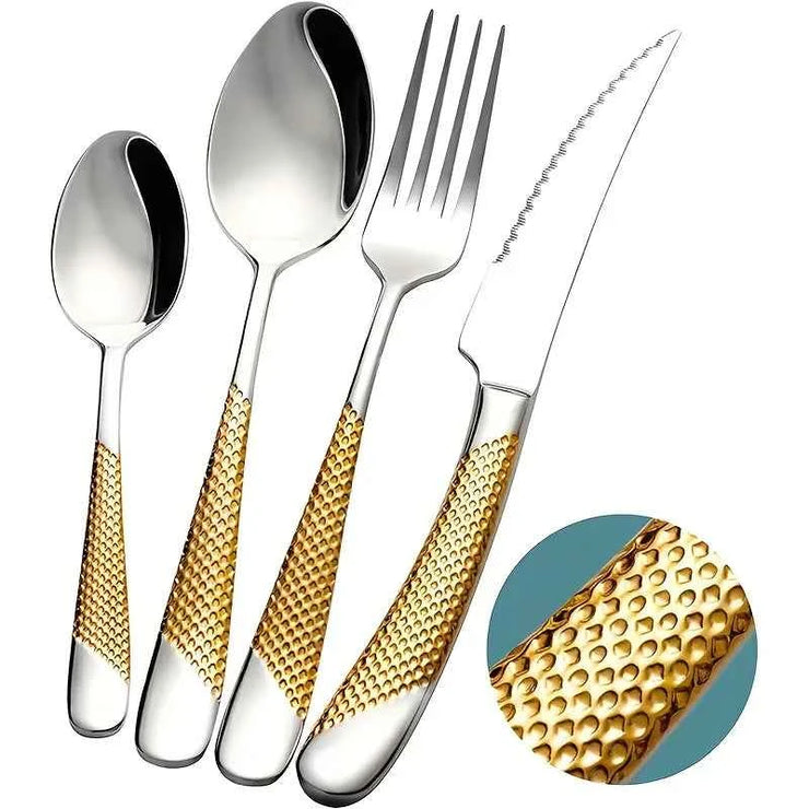 16pcs Kitchen Must Have Hammered Flatware,Golden Silvery Stainless Steel Flatware Set, Knives Forks Spoons Cutlery for Wedding