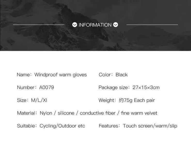 Autumn Winter Outdoor Cycling Gloves Gym Fitness Sports Running Warm Touch Screen Nonslip Gloves Motorcycle Gloves Men Black