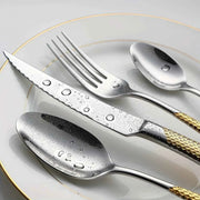 16pcs Kitchen Must Have Hammered Flatware,Golden Silvery Stainless Steel Flatware Set, Knives Forks Spoons Cutlery for Wedding