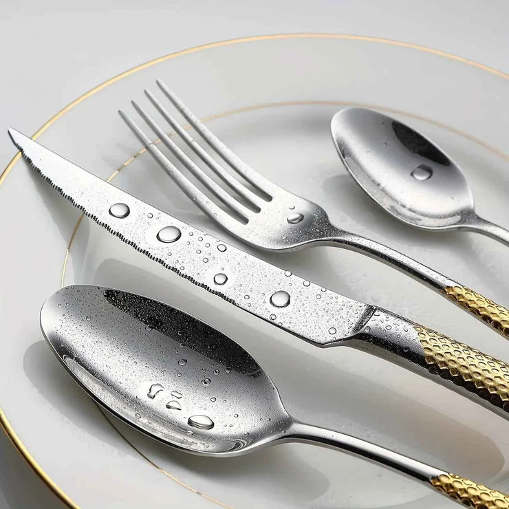 16pcs Kitchen Must Have Hammered Flatware,Golden Silvery Stainless Steel Flatware Set, Knives Forks Spoons Cutlery for Wedding