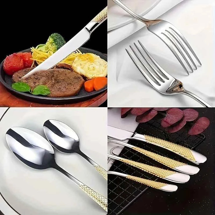 16pcs Kitchen Must Have Hammered Flatware,Golden Silvery Stainless Steel Flatware Set, Knives Forks Spoons Cutlery for Wedding