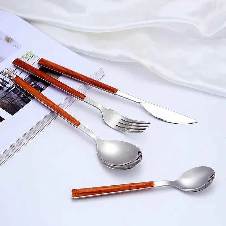 Kitchen Accessories Supplies 3pcs Reusable Wood Stainless Steel Cutlery Forks/spoons/cutlery 4 Kinds of