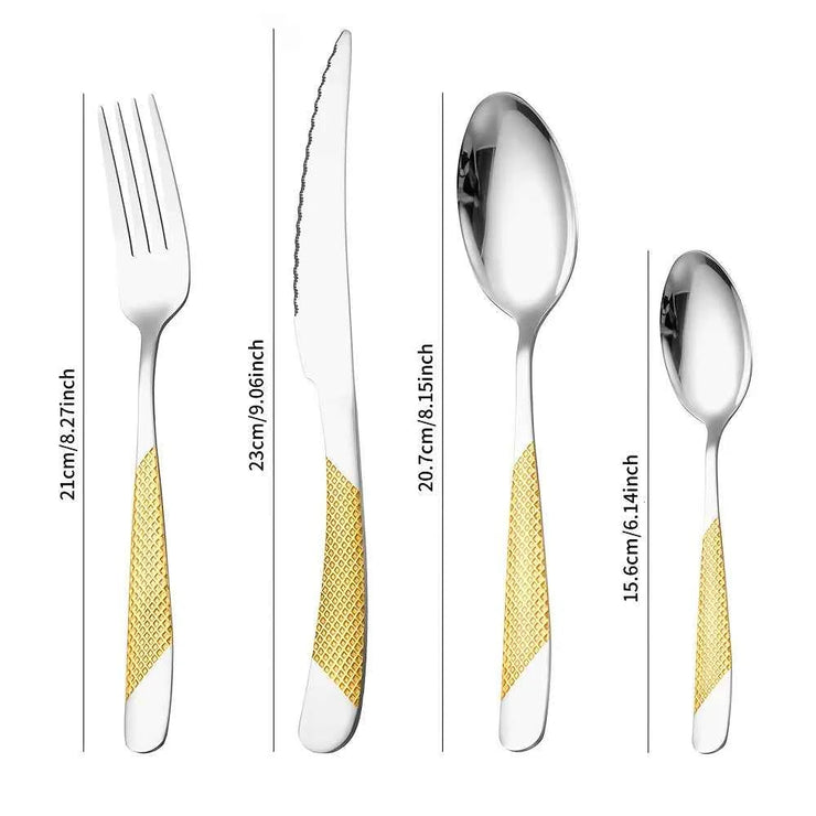 16pcs Kitchen Must Have Hammered Flatware,Golden Silvery Stainless Steel Flatware Set, Knives Forks Spoons Cutlery for Wedding